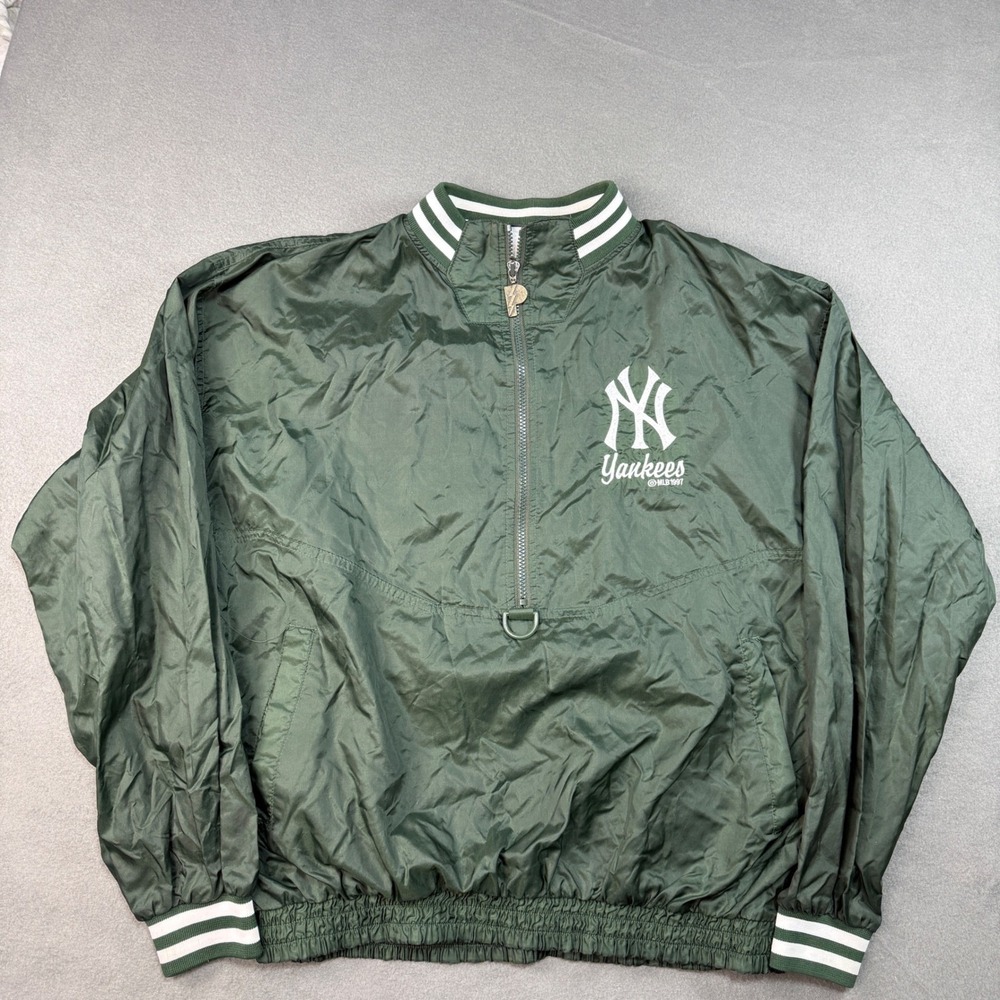 Vtg 1997 NY Yankees Pro Player Windbreaker Jacket Green MLB Spell Out Pullover L